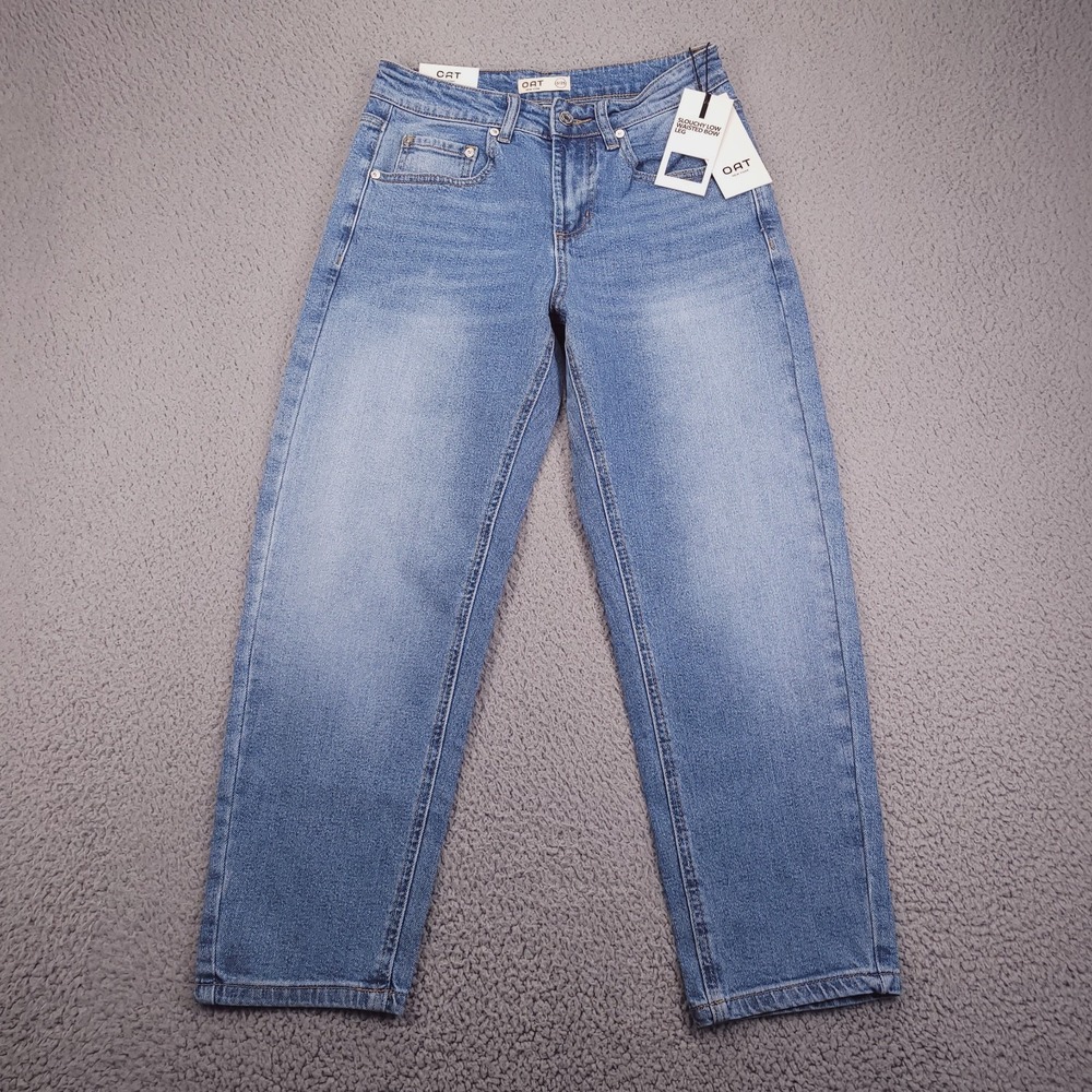 OAT Jeans Womens Size 0/25 Slouchy Low Waist Bow Leg Crop Medium Wash Denim NEW